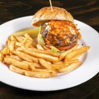 Buffalo Burger · Topped with our award winning buffalo sauce & Bleu cheese crumbles