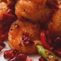 Ma La Chilli Prawns · Fiery Sichuan peppercorns, garlic, ginger, and julienned Chinese celery.