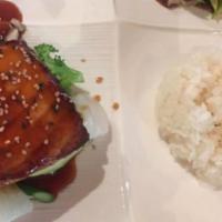 Salmon Teriyaki · Served with rice, soup and salad.