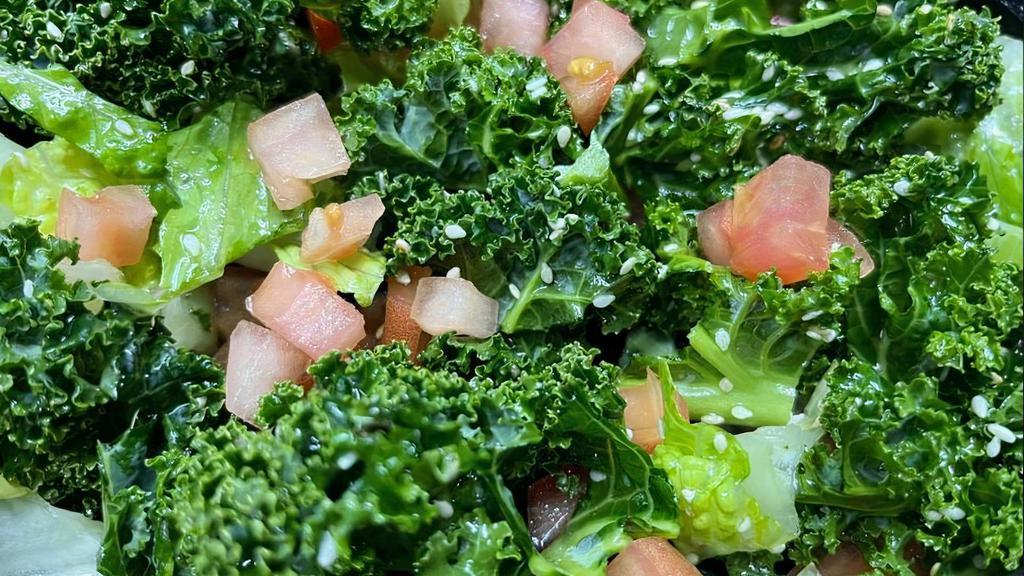 Lime Kale Salad W/ Sesame Seeds (Gf) · Crisp fresh kale, chopped lettuce, fresh lime juice, tomato, olive oil, salt, pepper & sesame seeds