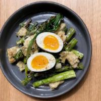 Grilled Asparagus · soft cooked egg, spring onion, vinaigrette, torn crouton.