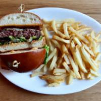 Prime Burger* · bacon, beecher’s cheese, balsamic red onion, calabrian chili aioli, fries.