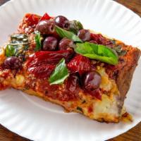 Louisa Square Pie · Sun-dried roasted peppers and kalamata olives.