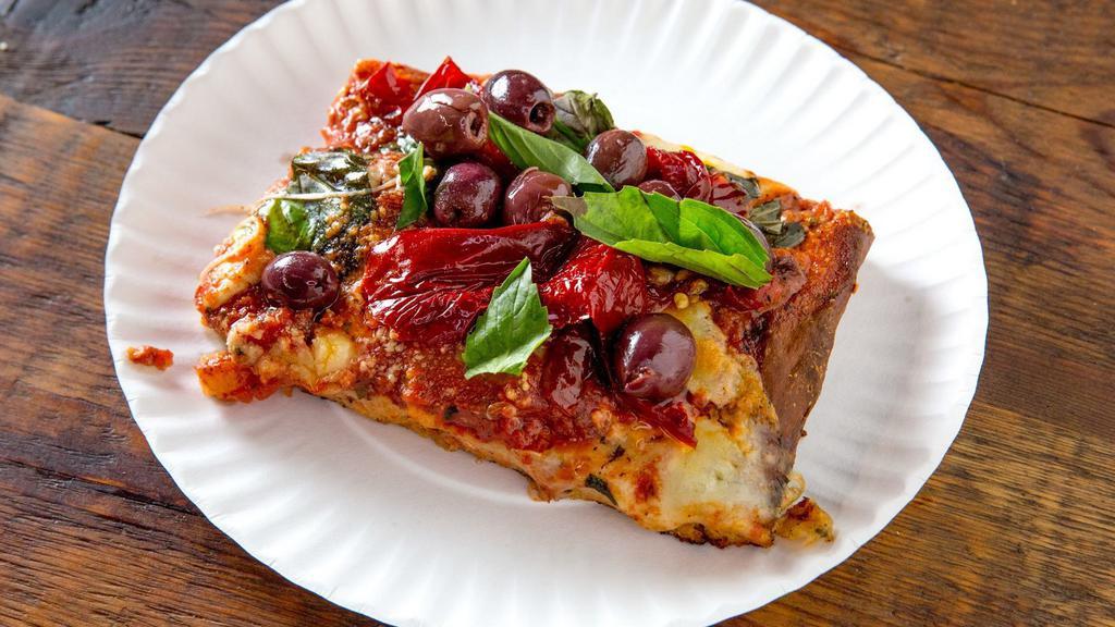 Louisa Square Pie · Sun-dried roasted peppers and kalamata olives.