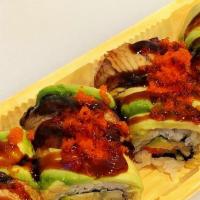 Blcak Dragon Roll · carb,cucumber,aocado.top with eel,avocado,eel sauce,caviar.