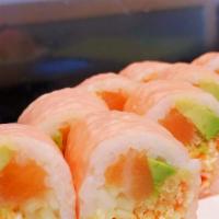 Pink Lady Roll · avocado,cucumber,salmon,spciy carb, with soy paper.
