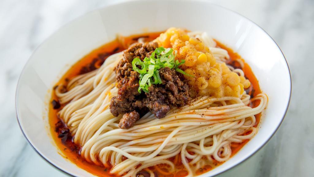 Chickpea Noodle With Broth · This is another signature szechuan Noodle, especially the city of chongqing. Fresh chickpeas are boiled until soft and creamy, mixed with stir-fried minced pork, pickled vegetables, and broth. Can be served spicy or non-spicy.