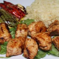 Chicken Souvlaki Platter · served with fries or rice, grilled vegetables, tzatziki sauce & pita bread and choice of Gre...