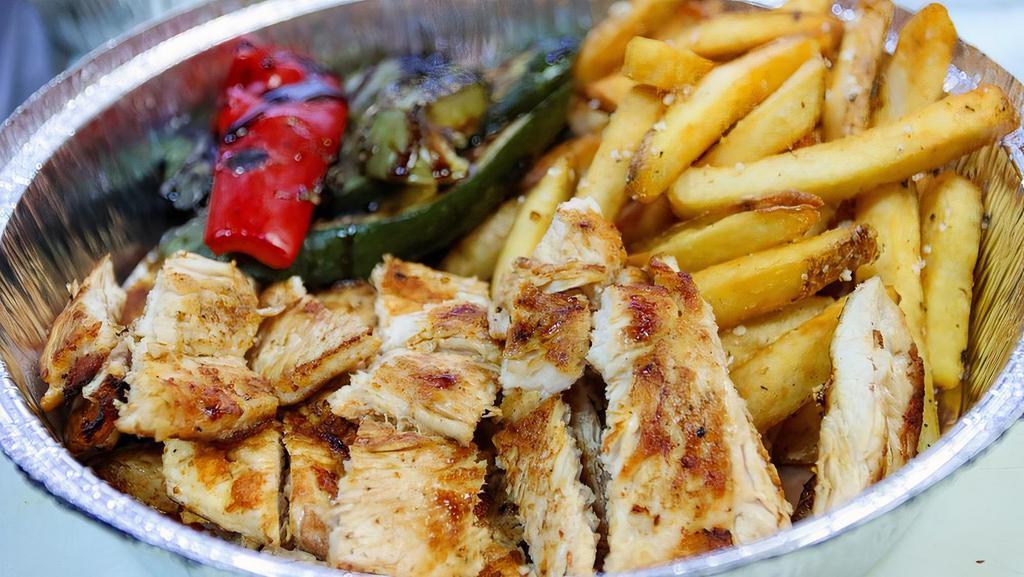 Grilled Chicken Platter · served with fries or rice, grilled vegetables, tzatziki sauce & pita bread and choice of Greek salad or soup