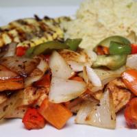 Chicken Shish Kebab · served with fries or rice, grilled vegetables, tzatziki sauce & pita bread and choice of Gre...