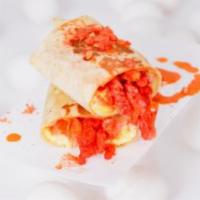 Flamin’ Hot Cheeto Burrito · 3 fresh cracked cage-free scrambled eggs, melted pepper jack cheese, crispy potato tots, hot...
