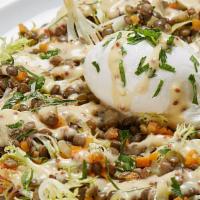Lentils Salad · Organic Poached Egg, Frisee, with Mustard Dressing