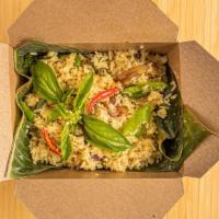 Green Curry Fried Rice · Housemade green curry, jasmine rice, roasted Japanese eggplant, long chili, Thai basil.