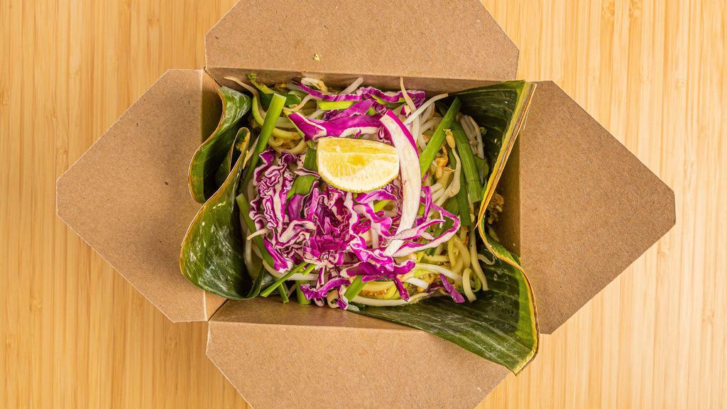 Zucchini Noodle Pad Thai · Zucchini, eggs, pickled turnips, beansprouts, Chinese chives, peanuts, lime juice.
