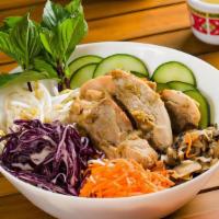Lemongrass Chicken Vermicelli Bowl · Vermicelli noodles, pickled carrots, cucumbers, Thai basil, bean sprouts, red cabbage, and s...