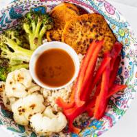 Brown Rice Bowl · Warm brown rice, broccoli, sweet potatoes , cauliflower and peppers.