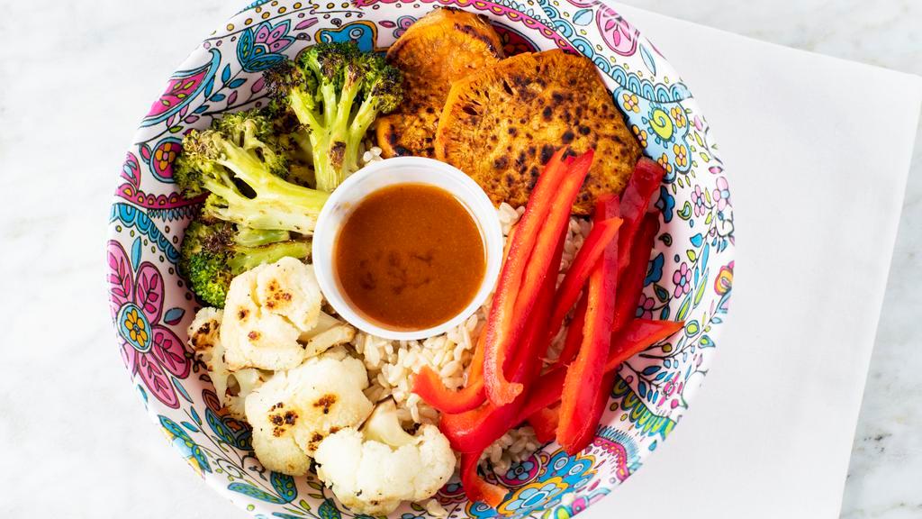 Brown Rice Bowl · Warm brown rice, broccoli, sweet potatoes , cauliflower and peppers.