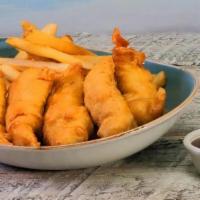Hand Battered Chicken Tenders · Our hand-battered chicken tenders served with French fries and your choice of dipping sauce....