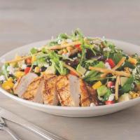 Southwest Chicken Salad · Mixed greens, black beans, roasted corn, diced tomatoes, peppers, and fresh avocado tossed i...