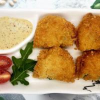 Yasai Croquettes · Fried potato cake with honey mustard, made from panko crumbed mashed potato with carrot, oni...