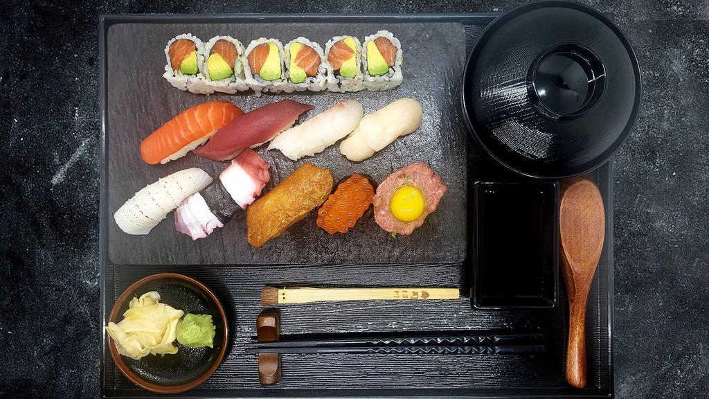 Sushi Combo · You can choose 9 pieces of sushi and 1 regular Roll , choose up to 3 pieces of each kind sushi, served with soup or salad, and fresh wasabi.