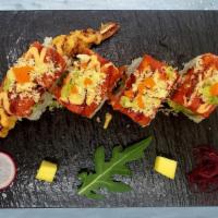 Volcano Roll · In : shrimp tempura, avocado
Out: spicy tuna
Top: eel sauce, spicy mayo, crunchy, scallion, ...