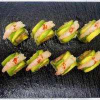 Ebi Ebi Roll · In: spicy shrimp, mango
Out: avocado, sweet shrimp
Top: red tobigo