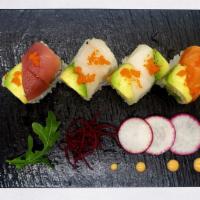 Rainbow Roll · In: kani, avocado, cucumber
Out: salmon, tuna, white fish, avocado
Top: masago