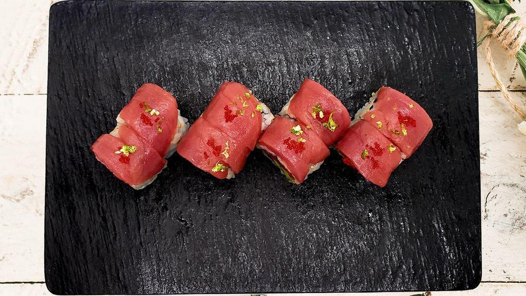 Tuna Flight Roll · In: spicy tuna, avocado
Out: bluefin tuna
Top: red tobiko, kime zest