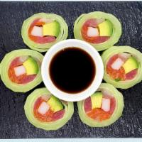 Perfect Naruto Roll · (wrapped with cucumber)
In: salmon, tuna, yellowtail, kani, avocado, masago
Ponzu sauce on t...