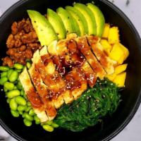 Chicken Teriyaki Bowl · Grilled, honey walnut, mango, avocado, seaweed salad, edamame, sesame seeds, teriyaki sauce.