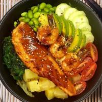 Grilled Seafood Bowl · Grilled salmon, grilled shrimp, cucumber, tomato, pinapple, edamame, seaweed salad, avocado,...