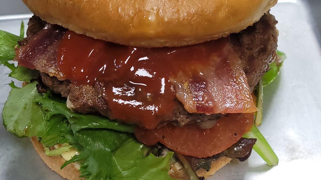 Classic Blt Burger · Premium short rib burger topped with bacon, lettuce, tomato, b&b pickle, ketchup, and house sauce.