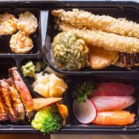 Shrimp And Veg Tempura Bento Box Lunch · Served with soup, salad, California roll, shumai, white or brown rice.