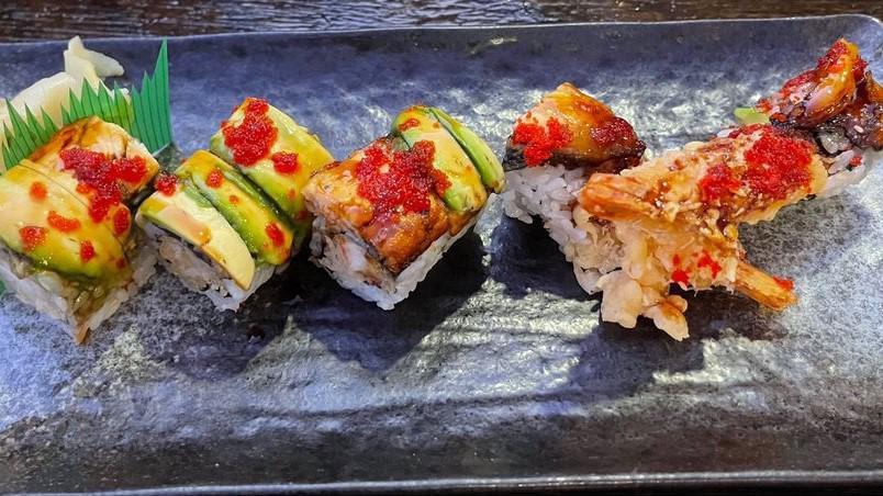 F.O Roll · Shrimp tempura and cucumber topped with eel, avocado and red caviar.