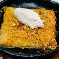 Knafeh · Shredded phyllo dough, filled with warm cheese & topped with saffron syrup, mascarpone cream...