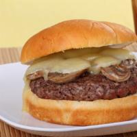 Atomic Shroom Burger · 1/2 lb. charbroiled beef burger with melted Swiss, loaded sautéed mushrooms and crispy onions.