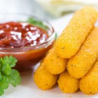 Mozzarella Sticks · 6 pieces of melted mozzarella cheese battered and fried to perfection. Served with Marinara ...