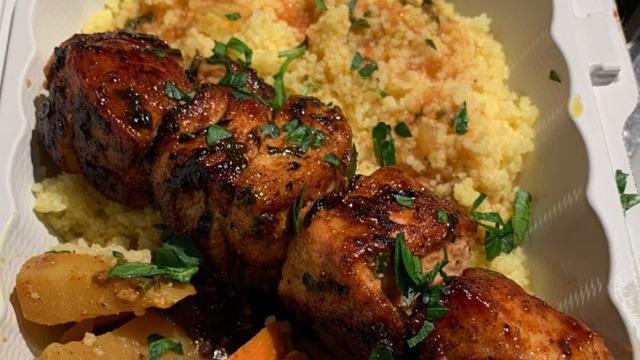 Chicken Kebab · Marinated chicken breast kebab, with couscous & salad