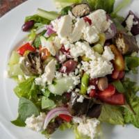 Greek Salad  · Romaine, mixed baby greens, Bermuda onions, tomatoes, green peppers, cucumber, Kalamata oliv...