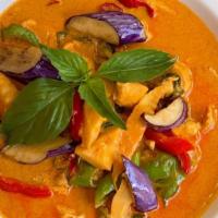 Red Curry · Spicy. Eggplant, bamboo shoot, bell pepper, coconut milk, basil, long hot.