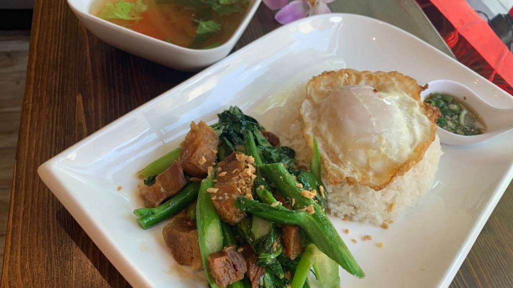 Chinese Broccoli Crispy Pork Rice · Served with fried egg. Medium spicy come with clear soup.