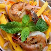 Mango Salad Grilled Shrimp · Red onion, carrot, tomato, scallion, cashew nut with lime sauce.