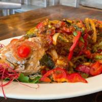 Basil Red Snapper · Spicy. Crispy whole red snapper, bell pepper, onion, string beans, garlic, chili and long hot.