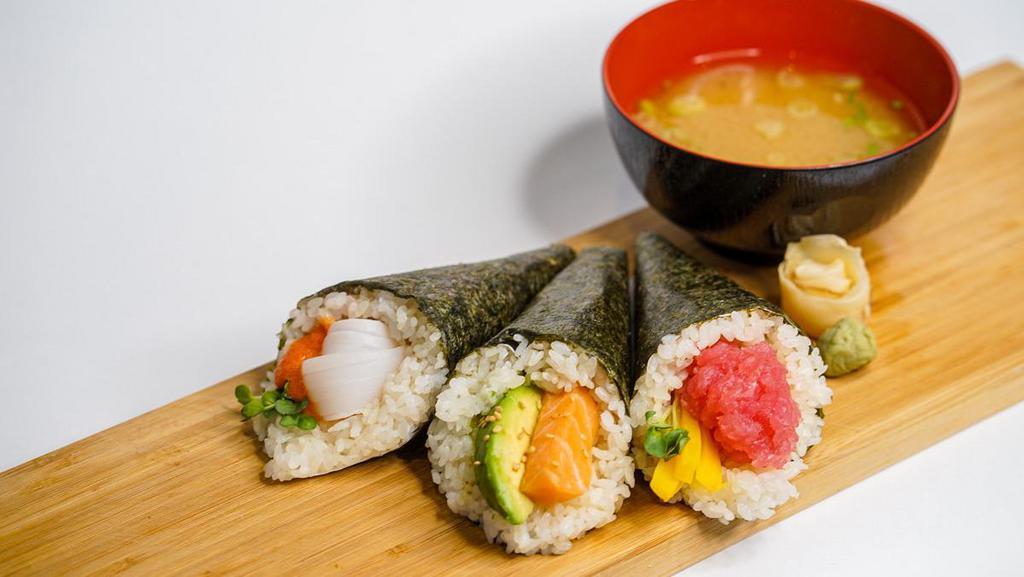 Handy Meal Set A · Choice of 3 rolls and a miso soup.