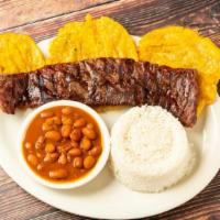 Entrana/ Grilled Skirt Steak · rice, beans, fried green plantain
