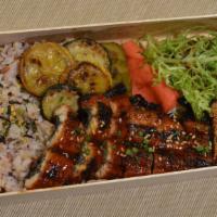 Grilled Eel Dosirak · grilled eel, seven grain rice, grilled zucchini and mushroom, frisee salad, pickled cucumber...