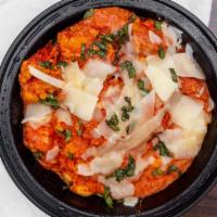 Chicken Parmesan Gnocchi · With fresh marinara, diced breaded chicken & basil, topped with shaved parmesan cheese.