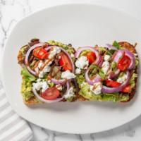 Classic Avocado Toast · Avocado, Tomatoes, Red Onions, Balsamic, Goat Cheese and Mixed Greens on Multigrain.