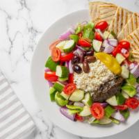 Almost Famous Greek Salad · Iceberg, Mesclun, Radish, Red Onions, Peppers, Olives, Feta Cheese, Tomatoes, Grape Leaves, ...
